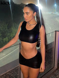 Kliou Simple Faux PU Leather Two Piece Set Women Concise Skinny Sleeveless Vest+ Sexy Unique Cut Out Skirt Streetwear
