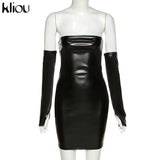 Kliou Faux PU Leather With Gloves Party Dress Women Backless Sexy Hot Clubwear Skinny Slim Solid Fashion Bodycon Mini