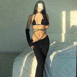 Women Summer 2022 Sexy 2 Pieces Sets Bandage Tie Hollow Out Evening Party Club Fashion Drawstring Slit Side Clothes-Outfit
