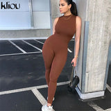 Kliou new jumpsuit women elastic hight casual fitness sporty rompers sleeveless zipper activewear skinny summer