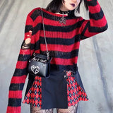 Hole Ripped Short Sweater Female Couple Striped Loose Punk Dark Sweater Versatile Knit-Outfit