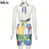 Kliou Tie Dry Two Piece Set Women 2021 Sexy Halter Sequined Beachwear Cleavage Crop Top+Mini Skirt Suit Female платье