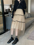 Spring Elastic Waist Midi Polka Dot Lace Mesh Skirt Women Elegant Korean Style High Waist A-line Long Tulle Skirt QT1872-Outfit