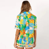 2 Piece Lounge Set for Women Summer Casual Floral Two Piece Vacation Outfits Button down Pajamas Ric Rac Shorts Set-Outfit