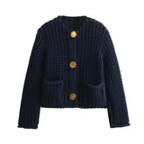Women's Solid Color Single Buckle Double Pocket Short Thick Knit Shirt Coat Top