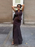 Women's 2025 Summer New V-Neck Gold Button Knitted Vest + Folding Skirt