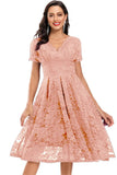 Lace Short Sleeves V-Neck Swing Bridemaid