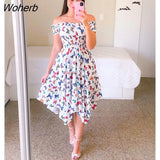 Fashion Off Shoulder Flower Dress Elegant Slash Neck Short Sleeve Flower Print Elastic Irregular Dress Women-Outfit