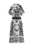 2023 Women Summer Shirts Dress Vintage Print Short Sleeve Sashes Linen V-Neck Female Elegant Street Dresses Clothing-Outfit