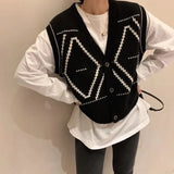 Sweater Vest Argyle V-neck Black Single Breasted Fresh Casual Trendy Students Sweet Sleeveless Korean Style All-match