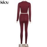 Kliou fashion tracksuit women turtleneck full sleeveless crop top+leggings matching set stretchy sporty fitness casual
