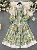 French Vintage Lapel Lantern Sleeve Print Dress Female Straps Closed Waist Show Slim Elegant Dress-Outfit