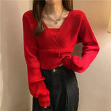 Solid Slim Autumn Short V Neck White Knitted Tops Bottom Fake Two Pieces Pullover Sweaters Lady Fashion Chic Korea