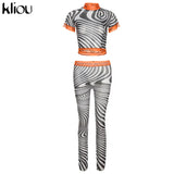 Kliou Sexy Mesh Two Piece Set Women SeeThrough Midnight Style Striped Color Blocking Top+Letter Print High Stretchy