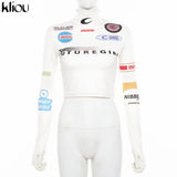 Kliou high quality fashion print bodycon soft tees crop top spring new long-sleeve casual elastic harajuku streetwear