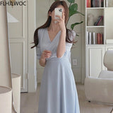 Temperament Romantic Date Korean Chic Women Office Lady Short Sleeve Solid Color V Neck A Line Purple Long Maxi