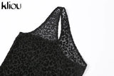 Kliou Flocking Mesh Jumpsuit Inclined Shoulder Leopard Style Patchwork One Piece Clothing Sexy Midnight Clubwear Female