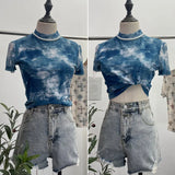 Shooting Retro Tie-Dye Double-Layer Mesh Half-High-Neck Short-Sleeved T-Shirt T-Shirt Short-Sleeved T-Shirted Woman