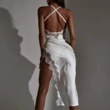 Satin Solid Halter Bandage Backless Lace Sexy Irregular Maxi Prom Dress 2022 Spring Slit Evening Party Elegant
