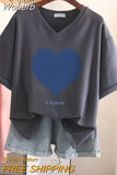 100% Cotton L-6XL T Shirt Plus Size Tshirt Short Sleeve Women Top Summer Heart Print Couple V Neck Oversized T Shirts-Outfit