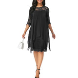 Plus Size Dress Chiffon Dresses Women New Fashion Chiffon Overlay Three Quarter Sleeve Stitching Irregular Hem Lace