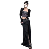 Woherb Summer New Women's Leather Buckle Print Chest Wrapped Small Vest Belt Slit Skirt-Outfit