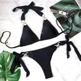 Woherb New Swimsuit Sexy Crystal Diamond Solid Color Strap Bikini Beach Vacation Swimsuit