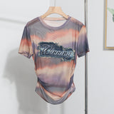Real Shooting Embroidery With Straight Shoulder Short-Sleeved Mesh T-Shirt Fold Irregular Perspective Hood Top