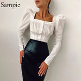 Elegant Autumn 2020 Fashion Square Collar Long Puff Sleeve White Blouse Shirt Sexy Ladies Club Black Skinny Baisc