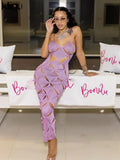 Kliou Unique Style Geometric Maxi Dress Women Elegant Spaghetti Strap Cleavage Backless Hollow Out Robe High Street Lady