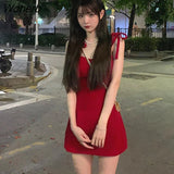 Mini Dresses Women Bandage Spaghetti Strap Summer Fashion Vintage Ins Streetwear All-match Sexy A-line Design Casual Vestido-Outfit