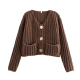 Women's Solid Color Single Buckle Double Pocket Short Thick Knit Shirt Coat Top