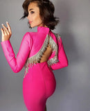 Quality Red Black Sexy Fashion Sparkly Backless Diamonds Tassel Rayon Bandage Dress Cocktail Party Dress