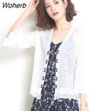 Out V-Neck Ninth Flare Sleeve Summer Knitted Sunscreen Cardigan Women Thin Small Coat Open Stitch Elegant Knitwear Tops-Outfit