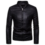 Men's Fashion Stand Collar Jacket Men Autumn Winter Pu Jacket New Leather Coat Slim Long Sleeve Solid Color-Outfit