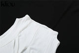 Kliou Ribbed Hollow Out Tops Women Sexy Solid Mock Neck Sleeveless Undefined Cleavage Skinny T-shirt Streetwear Female