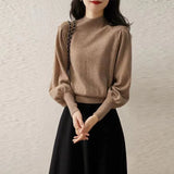 Goods In The Ocean With Half-High Collar Knitted Women 2025 Autumn New Lantern Sleeve Cashmere Bottom Sweater