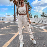 Casual Solid Tracksuit 2 Pieces Set Slim Crop Top And Drawstring Long Matching Set 2021 Summer Sportwear Stretch