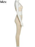 Kliou Sporty Solid Two Piece Set Women Skinny Inclined Shoulder Hole Cleavage Tank Tops+ Concise Stretchy Pants Workout