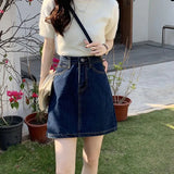 Korean Style Denim Mini Skirts for Women Summer 2024 Dark Blue Short A Line Skirt Woman Jeans High Waist Skirts Female-Outfit