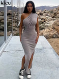 Kliou Solid Elegant Maxi Dress Women Inclined Shoulder Sleeveless Body-Shaping Side Split Robe Partywear Female