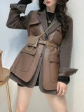 Minimalist Patchwork Pockets Jacket For Women Lapel Long Sleeve Solid PU Leather Slim Autumn Jackets 2021