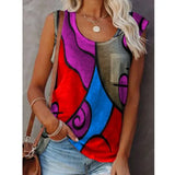New Women Sleeveless T-Shirt Summer O-Neck Stitching Printing Graphic Tee Shirts Female Fashion Plus Size Loose Tank