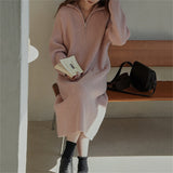 Woherb Lapel Half Zipper Wool Dress 2024 Autumn And Winter New Style With Loose Casual Long Knit Bottom Shirt Women-Outfit