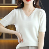 Woherb 2024 New Short-Sleeved Sweater Women's T-Shirt Solid Color V-Neck Short-Sleeved Bottom Shirt Top Thin Style A Hair-Outfit