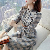 Autumn Elegant Fashion Stand Collar Vintage Plaid Ruffles Dresses Female Waist Belt Robe Long Sleeve Sweet Dress Vestidos-Outfit