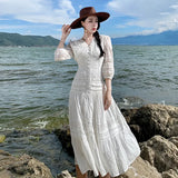 Tea Break Gentle Wind V Collar Bubble Sleeve Yunnan Tourism White Dress Female Senior Sense Lace Dress-Outfit