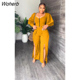 Autumn Fashion Two Piece Set Women Sexy Lanter Sleeve Zipper Top Split Irregular Trousers Two Piece Set Women-Outfit