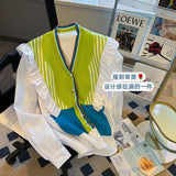 New Fashion Rainbow Striped Stitching Knitted Sweater Korean Style V-Neck Ruffled Long Sleeved Casual Outer Women Clothes-Outfit