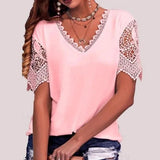 Women's T-Shirt Burst Lace Splicing Loose V-Neck Short-Sleeved